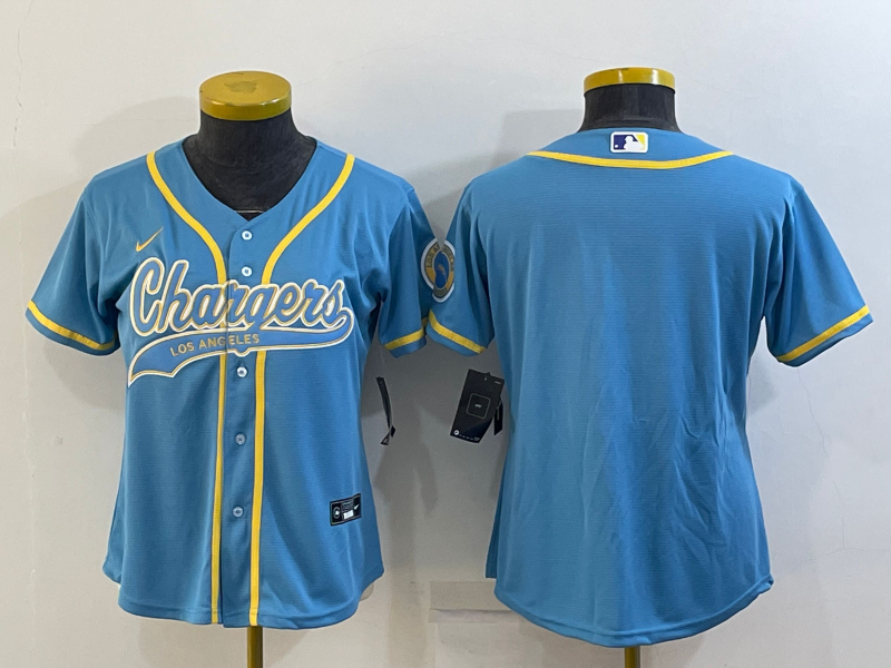 Women's Los Angeles Chargers Blank Blue With Patch Cool Base Stitched Baseball Jersey(Run Small)